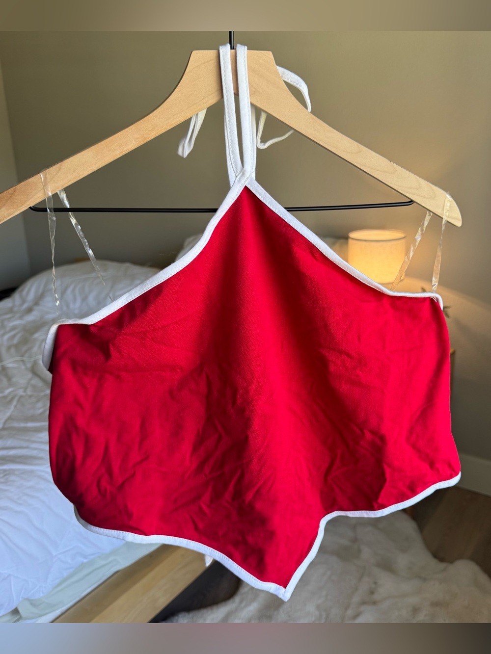 Red Halter Scarf Top with White Trim and Ties